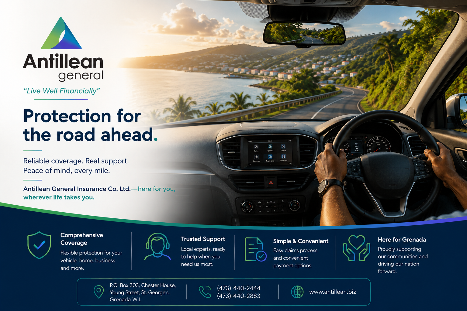 Antillean General hero graphic showing a right-hand-drive SUV on a coastal road in Grenada, promoting trusted general insurance coverage and support.